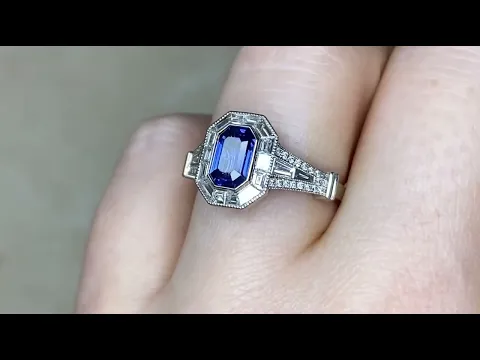 1.25ct Center Emerald Cut Sapphire and Baguette Cut Diamond Halo Ring - Vandenberg Ring - Hand Video