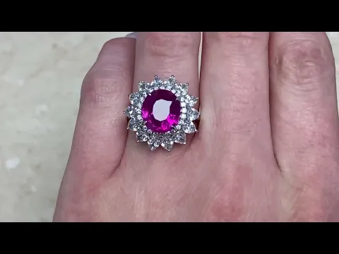 4.47ct Center Oval Cut Pink Sapphire and Pear Shaped Diamond Halo Ring - Capulet Ring - Hand Video