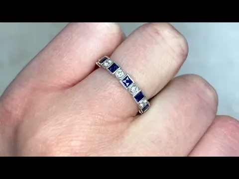 French Cut Sapphire & Round Brilliant Diamond Alternating Wedding Band - Laporte Band - Hand Video