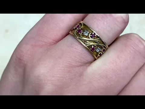 Art Nouveua Floral Scroll Motif Diamond & Ruby 18k Yellow Gold Eternity Band -Bremen Ring-Hand Video