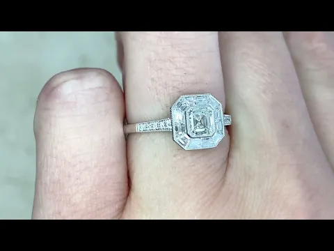 Asscher Cut Diamond & Baguette Cut Geometric Halo Engagement Ring - Starrett Ring - Hand Video