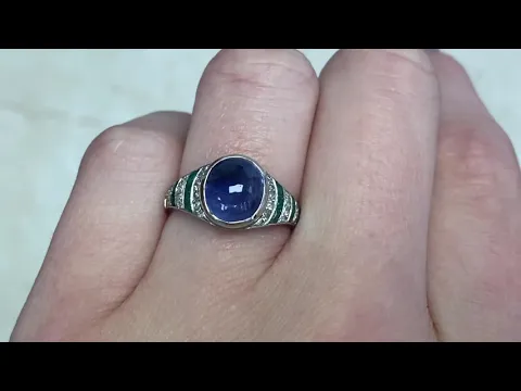 Original Art Deco 2ct Center Cabochon Sapphire, Emerald & Diamond Ring - Bonhomme Ring - Hand Video