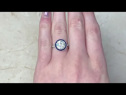 2.82ct Old European Cut Diamond & Natural Sapphire Halo Engagement Ring - Harewood Ring - Hand Video
