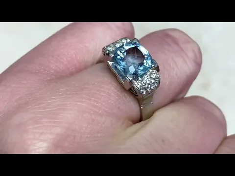 2.06 Carat Cushion Cut Natural Aquamarine Vintage Platinum Ring - Hand Video - Quebec Ring