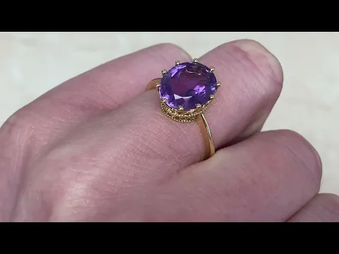 3.38ct Natural Amethyst Center Stone 18k Yellow Gold Ring - Hand Video - Aurora Ring