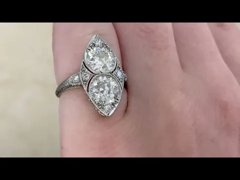 Art Deco Old European Cut Diamond Two-Stone Navette Ring - Hinton Ring - Hand Video