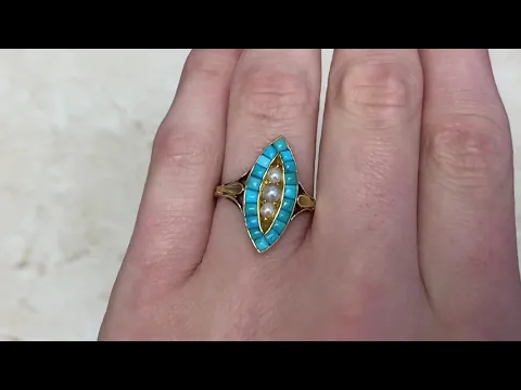 Antique Navette Turquoise and Pearl Georgian Era Ring Circa 1840 - Cenon Ring - Hand Video