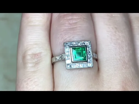 1.00ct Center Emerald Cut Emerald and Carre Cut Diamond Halo Ring - Carville Ring - Hand Video