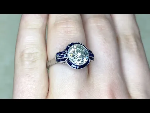 3.07ct Center Old European Cut Diamond and Sapphire Halo Engagement Ring - Altona Ring - Hand Video