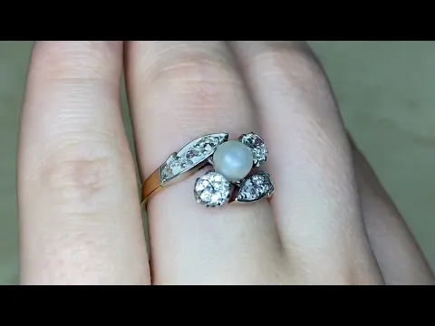 Edwardian Era Pearl & Old Mine Cut Diamond Leaf Motif Three Stone Ring - Chaumont Ring - Hand Video