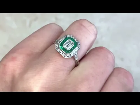 0.50ct Center Emerald Cut Diamond and Emerald Halo Engagement Ring - Newbury Ring - Hand Video