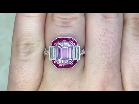 4.18ct Center Emerald Cut Kunzite and Ruby & Baguette Diamond Halo Ring - Belfort Ring - Hand Video