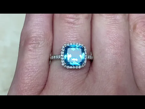 2.39ct Center Cushion Cut Blue Topaz and Diamond Halo 18k White Gold Ring - Caledon Ring- Hand Video