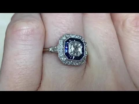 0.50ct Center Asscher Cut Diamond and Sapphire Double Halo Ring - Mississippi Ring - Hand Video
