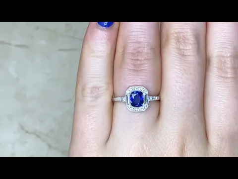 1.06ct Center Cushion Cut Sapphire and Round Brilliant Diamond Halo Ring - Harvard Ring - Hand Video