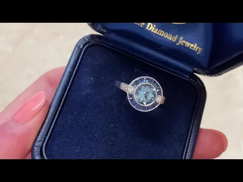 1ct Round Aquamarine and Sapphire Halo Platinum Ring - Thames Ring - Showroom Video