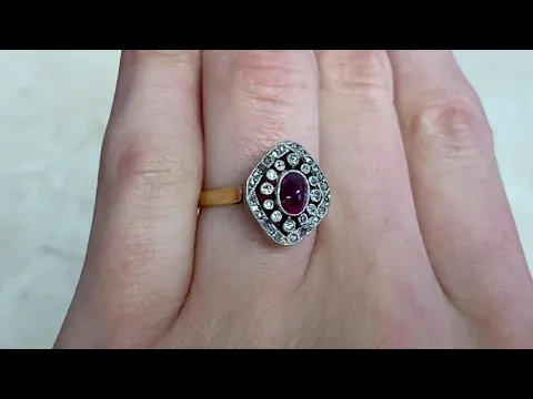 Platinum on 18k Yellow Gold 0.75CT Sugarloaf Ruby and Diamond Halo Ring - Corbette Ring - Hand Video