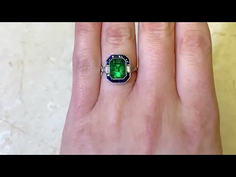 2.70ct Emerald Cut Natural Emerald & Sapphire Halo Gemstone Ring - Monsey Ring - Hand Video