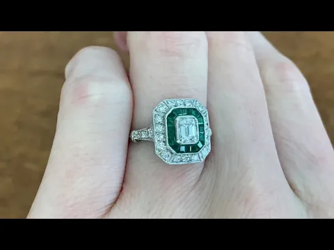 0.50ct Center Emerald Cut Diamond and Emerald Halo Engagement Ring - Newbury Ring - Hand Video