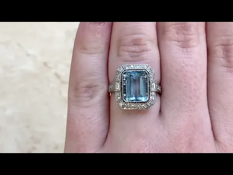 3.27ct Center Emerald Cut Aquamarine and Diamond Halo Ring - Elmswell Ring - Hand Video