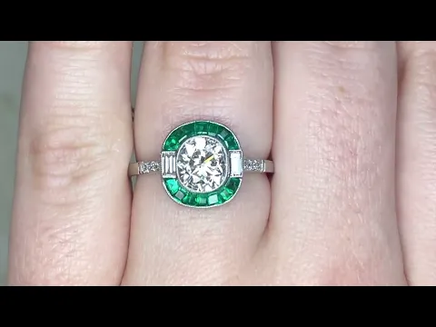 1.05ct Center Antique Cushion Cut Diamond & Emerald Halo Engagement Ring - Bedford Ring - Hand Video