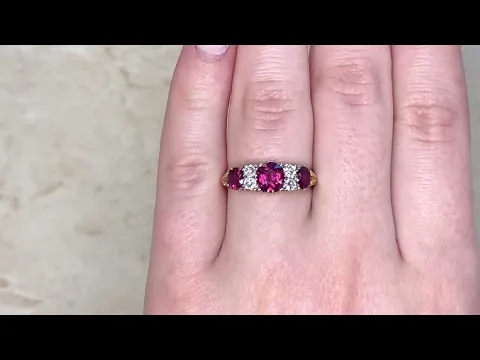 Cushion Cut Ruby and Old Mine Cut Diamond Edwardian Five Stone Ring - Bergen Ring - Hand Video