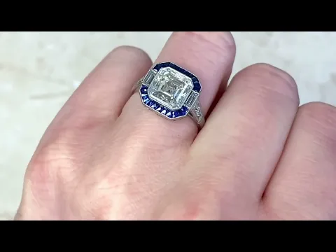 3.08ct Asscher Cut Diamond & Geometric Sapphire Halo Engagement Ring - Caffrey Ring - Hand Video