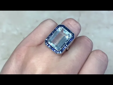 11.41ct Emerald Cut Aquamarine & Geometric Sapphire Halo Ring - Willoughby Ring - Hand Video