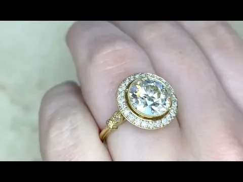 3.26ct Center Old European Cut Diamond Halo 18k Yellow Gold Engagement Ring -Astoria Ring-Hand Video