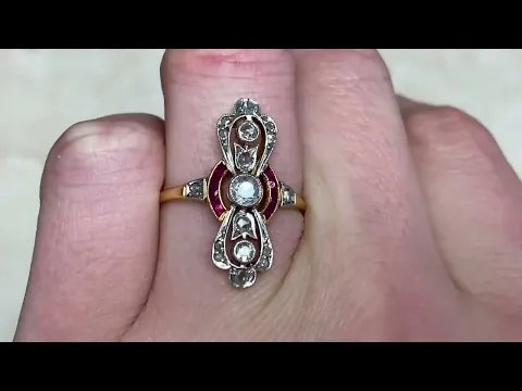 Edwardian Era 0.15ct Old European Cut Diamond and Sapphire Elongated Ring - Newnan Ring - Hand Video
