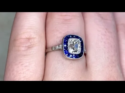 1.01ct Center Antique Cushion Cut Diamond & French Cut Sapphire Halo Ring - Toronto Ring- Hand Video