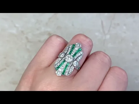 Geometric Diamond & Natural Emerald Elongated Cocktail Ring - West Castle Ring - Hand Video