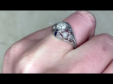 Art Deco Diamond & Sapphire Accented Platinum Engagement Ring - Tavira Ring. Circa 1925 - Hand Video