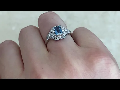 0.78ct Center Aquamarine and Old Mine Cut Diamond Ring - Wigan Ring - Hand Video