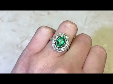 1.39ct Oval Cut Natural Emerald & Diamond Halo Platinum Gemstone Ring - Brunoy Ring - Hand Video