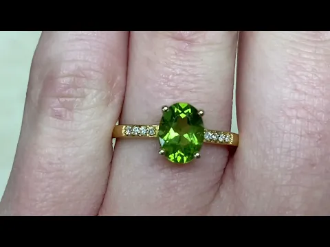1.10ct Center Peridot and Diamond 14k Yellow Gold Ring - August Birthstone Ring - Hand Video