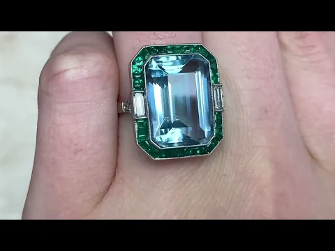11.18ct Center Emerald Cut Aquamarine and Emerald Halo Cocktail Ring - Oceanside Ring - Hand Video