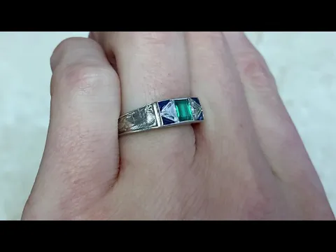 Egyptian Revival Emerald, Triangle Cut Diamond and Calibre Sapphire Ring - Ogden Ring - Hand Video