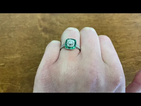 1.30ct Antique Cushion Cut Diamond and Emerald Halo Ring - Sulham Ring - Hand Video
