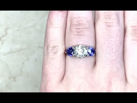 2.03ct Center Old European Cut Diamond & Sapphire Three Stone Ring - Strand Ring - Hand Video