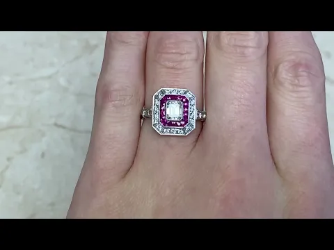 0.52ct Center Emerald Cut Diamond and Ruby Halo Ring - Braganca Ring - Hand Video