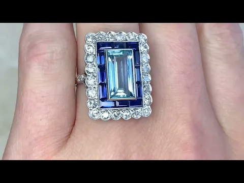 Emerald Cut Aquamarine & Double Sapphire Diamond Halo Gemstone Ring - Broadway Ring - Hand Video