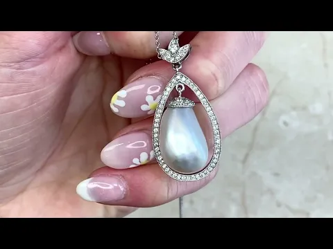13.52ct Pearl Drop with Old European Cut Diamond Platinum Necklace - Iberia Necklace - Hand Video