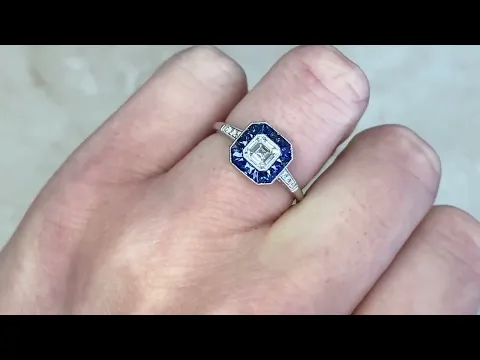 0.50ct Asscher Cut Diamond & Sapphire Geometric Halo Engagement Ring - Fleetwood Ring - Hand Video