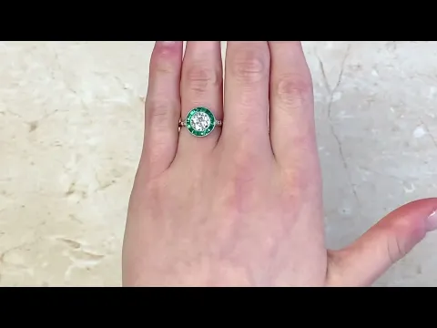 Old European Cut Diamond & Natural Emerald Halo Engagement Ring - Auburndale Ring - Hand Video