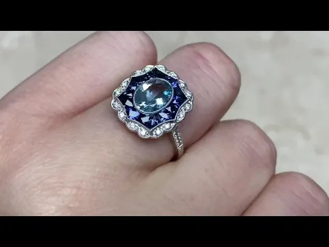 Oval-Cut Aquamarine and French Cut Sapphire Platinum Ring - Easton Ring - Hand Video
