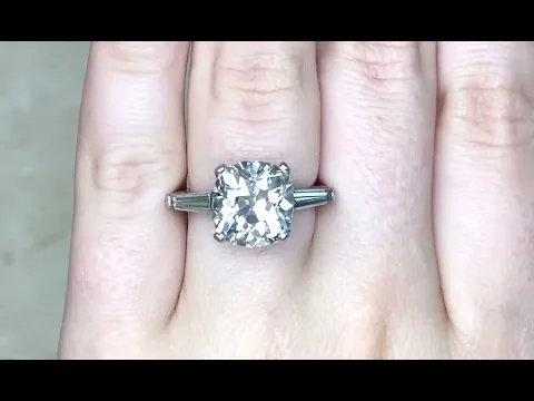 5.19ct Center Antique Cushion & Baguette Cut Diamond Engagement Ring - Hand Video - Waterford Ring