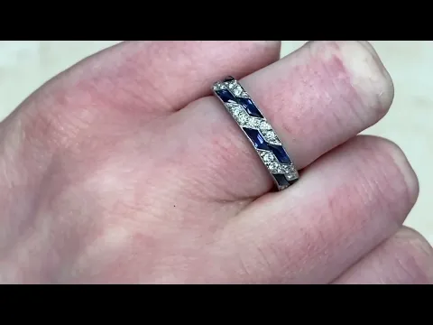 Natural Sapphire and Diamond Zig Zag Pattern Wedding Band - Admiral Band- Hand Video