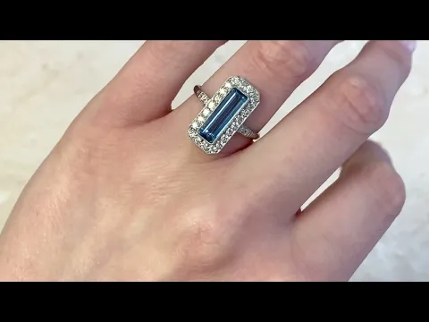 Elongated Aquamarine & Diamond Geometric Halo Ring - Delaware Aquamarine Ring - Hand Video