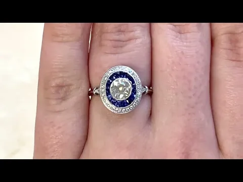 0.66ct Center Old European Cut Diamond & French Cut Sapphire Halo Ring - Kennedy Ring - Hand Video